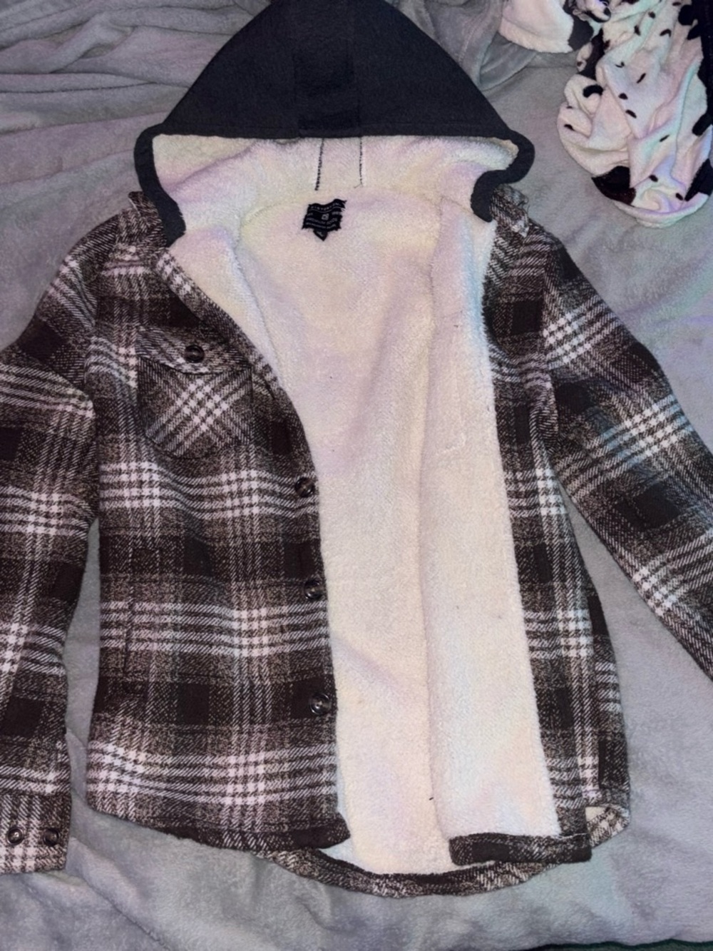 Black & White Plaid Hooded Sherpa-Lined Coat